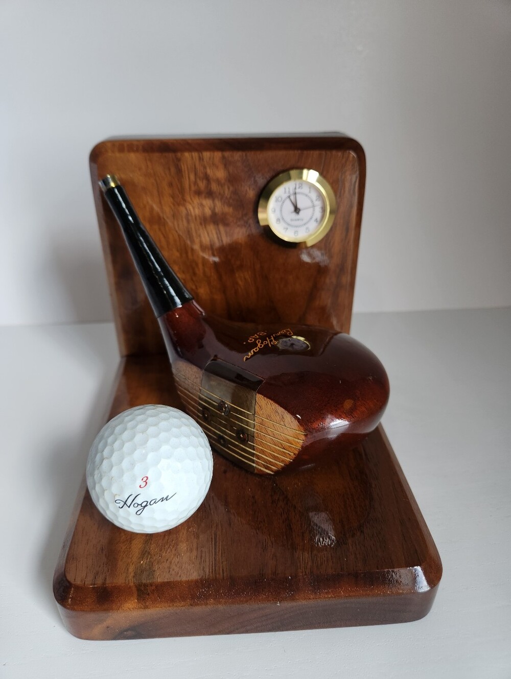 Vtg MacGregor Ben Hogan BAP Wood Office Desktop Decor Clock Business Card Holder